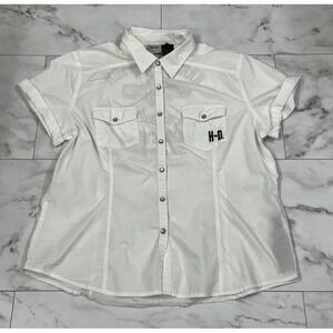 Women's XL HARLEY DAVIDSON White Short Sleeve Shirt Pearl Snap Buttons